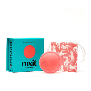 Photo of nixit menstrual cup, teal product box, and product reusable bag. 